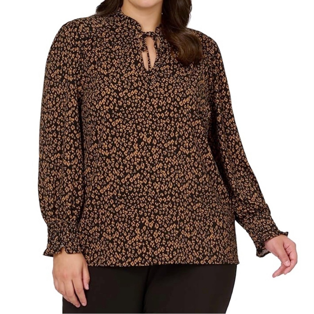 Adrianna Papell Women’s Blouse Size Medium Black & Tan Leopard Ruffle New NWT